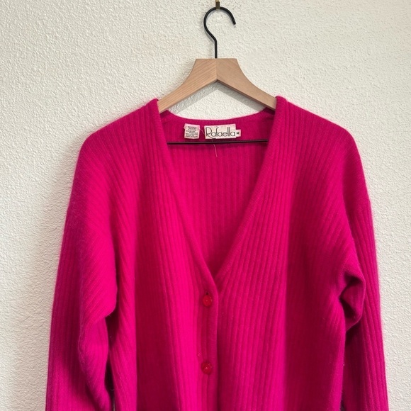 VTG Rafella Womens Medium Fushia Pink Rabit Hair Ribbed Cardigan Bright Cozy - Picture 2 of 8